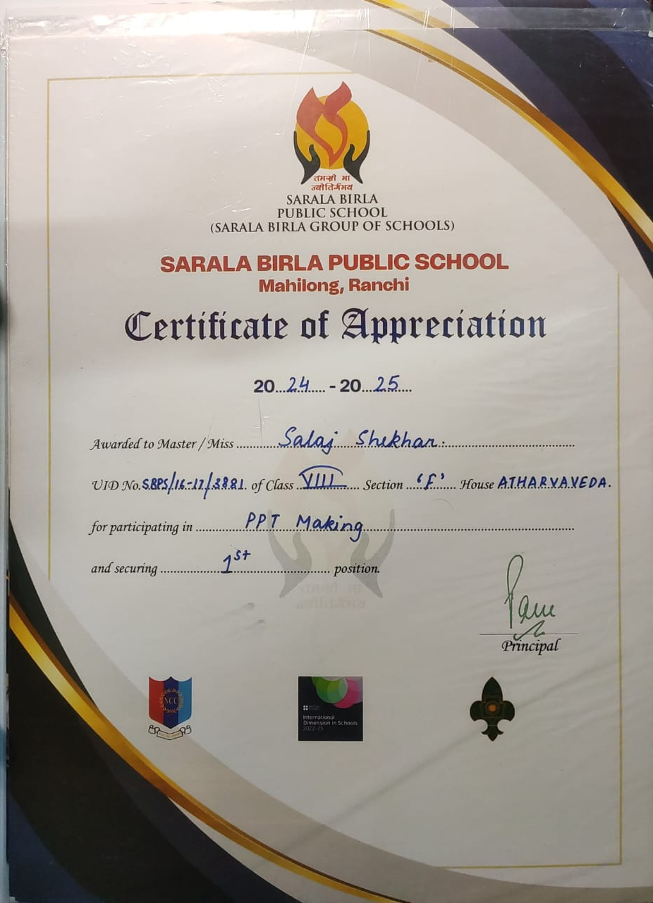 Sarala Birla Academy appreciation certificate