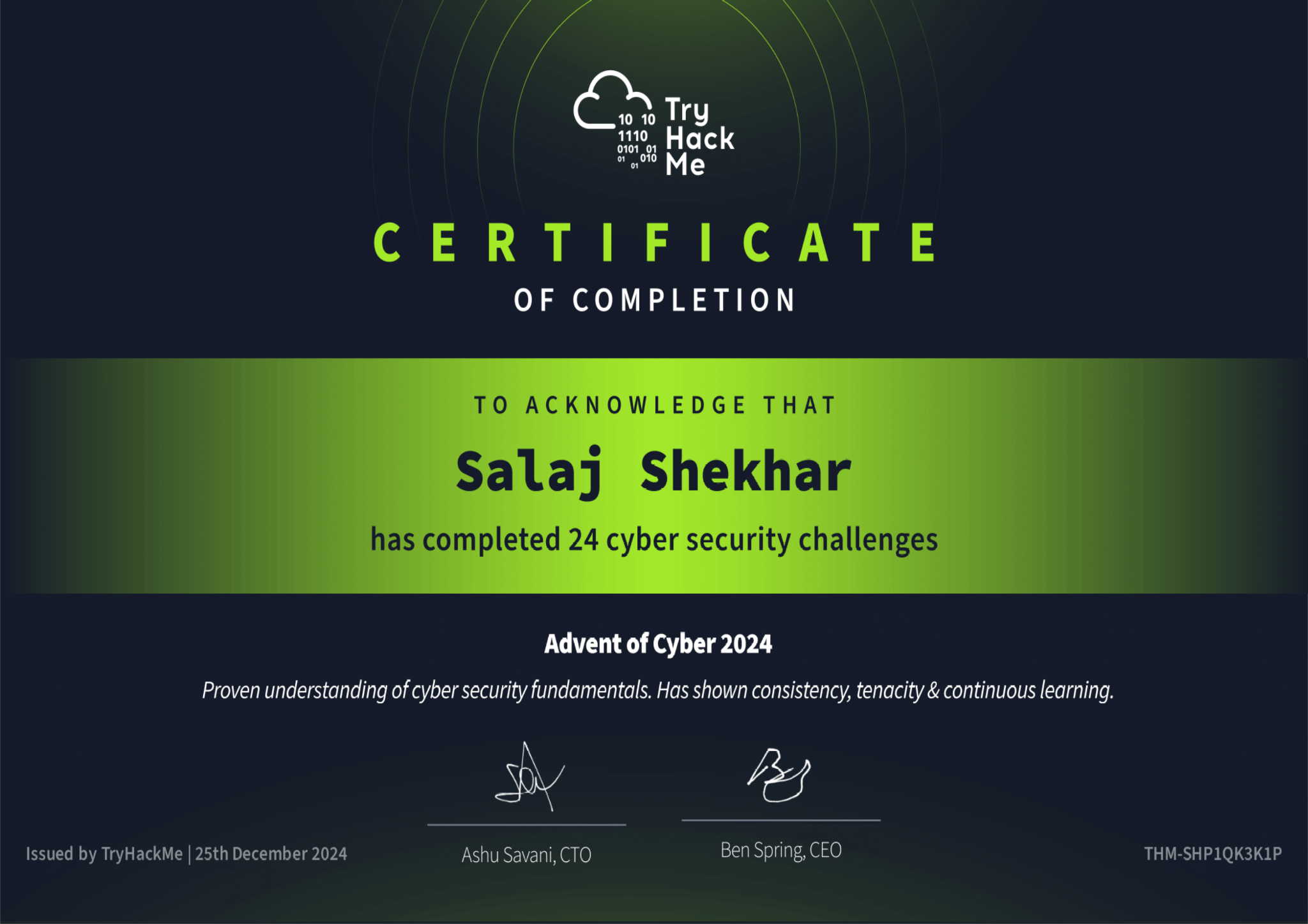 TryHackMe Advent of Cyber 2024 certificate