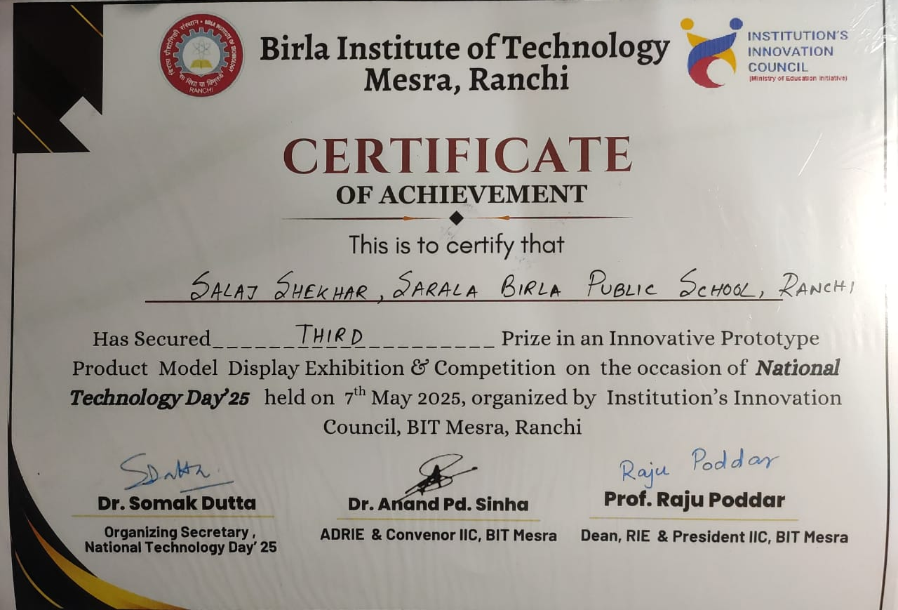 BIT Mesra National Technology Day certificate