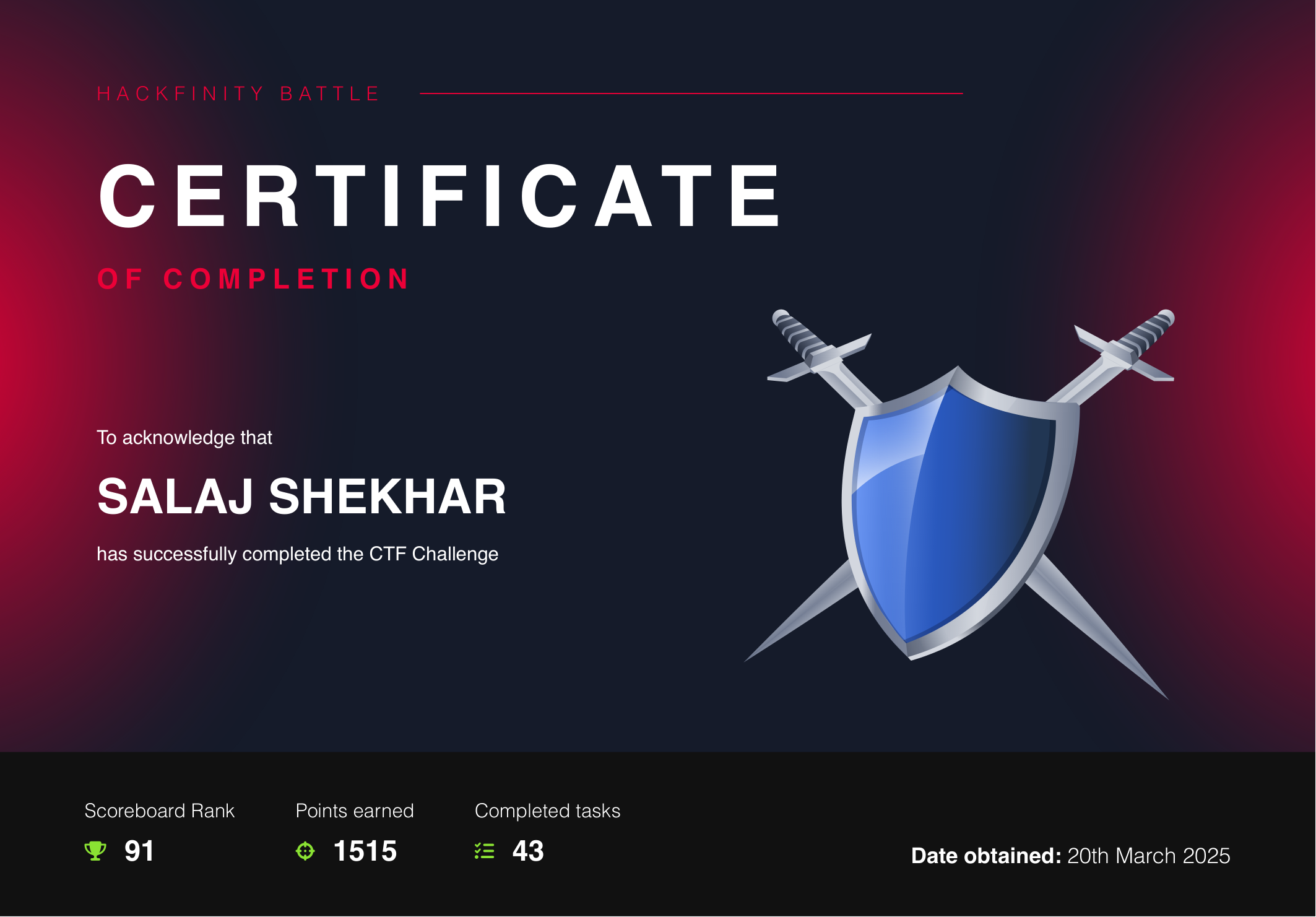 Hackfinity CTF certificate