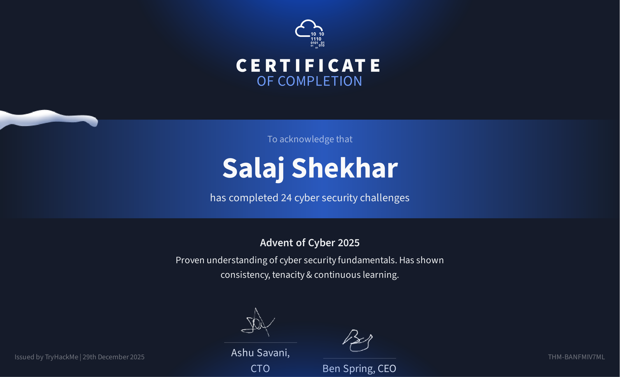 TryHackMe Advent of Cyber 2025 certificate
